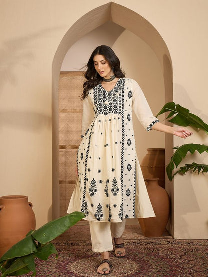 Beige Color Graceful Khadi Silk Fabric Designer Embroidery Work Top Bottom Set 4173