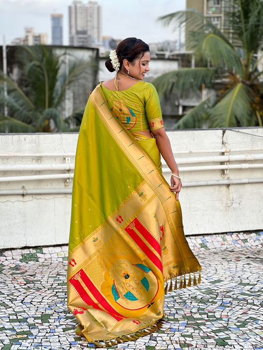 Mahendi Color Soft Silk Fabric Woven Paithani Designer Cultural Rich Saree