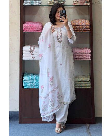 Women's Gorgeous Georgette Butti Fabric Embroidery Work Straight Kurta Pant and Dupatta Set