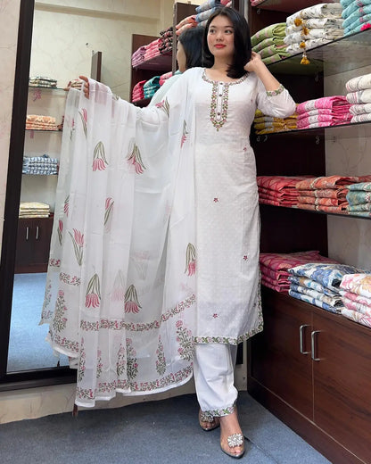 Women's Gorgeous Georgette Butti Fabric Embroidery Work Straight Kurta Pant and Dupatta Set