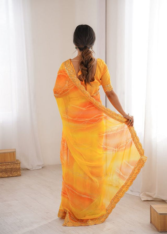 Yellow Color Georgette Chiffon Fabric Saree With Designer Festive Looks Saree