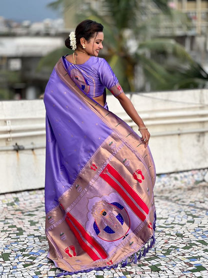 Lavender Color Soft Silk Fabric Woven Paithani Designer Cultural Rich Saree