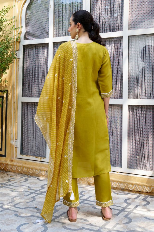 Mustard Color Silk Blend Fabric Beautiful Embroidered Kurta Set With Dupatta