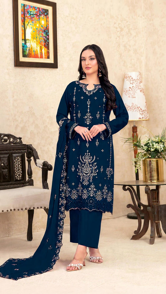Navy Blue Velvet Semi Stitched Suit with Embroidery Sequence Work
