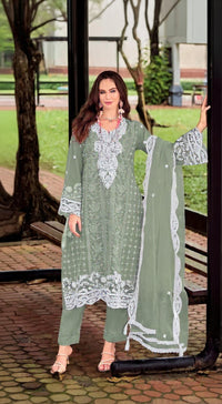 Green Silk Semi Stitched Suit with Embroidery Sequence Work