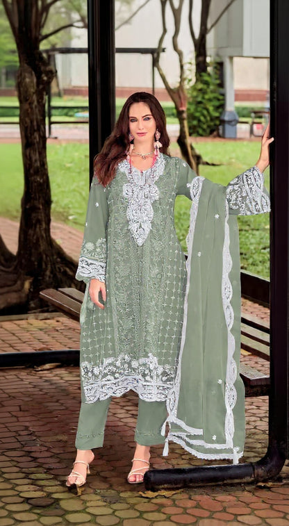 Green Silk Semi Stitched Suit with Embroidery Sequence Work