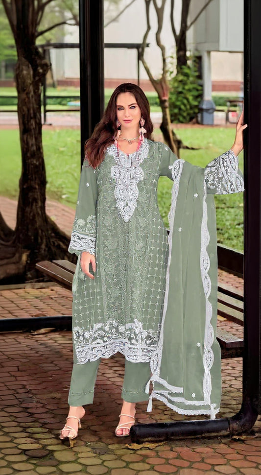 Green Silk Semi Stitched Suit with Embroidery Sequence Work