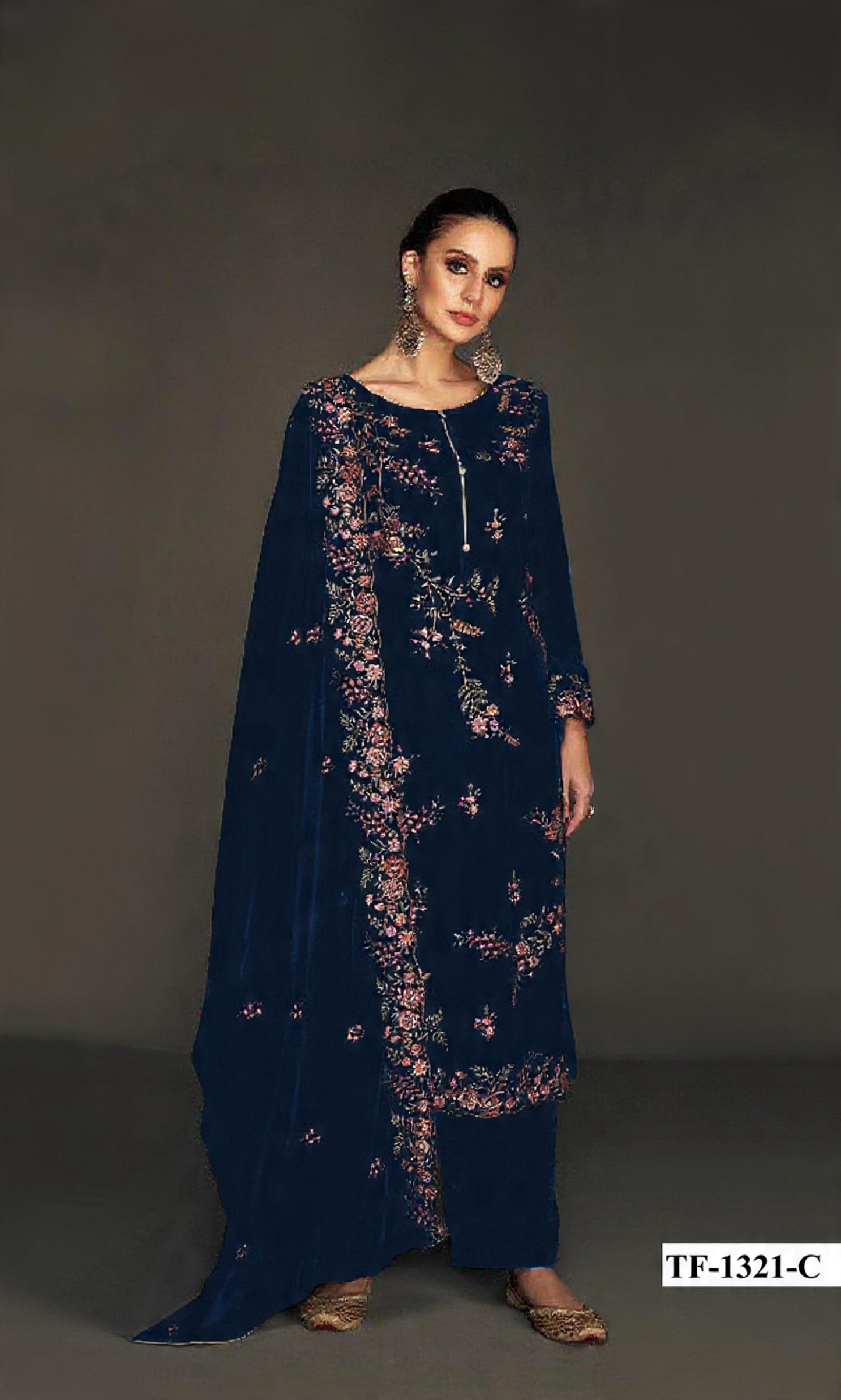Navy Pure Velvet Semi Stitched Suit with Heavy Embroidery Sequence Work