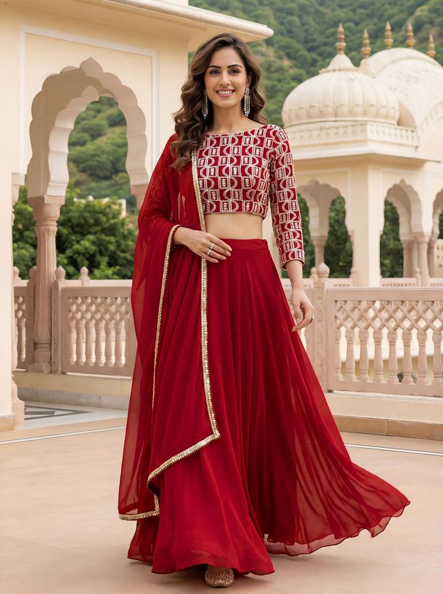 Red Color Georgette Fabric Designer Embroidered Lehenga Choli For Ceremonial Looks