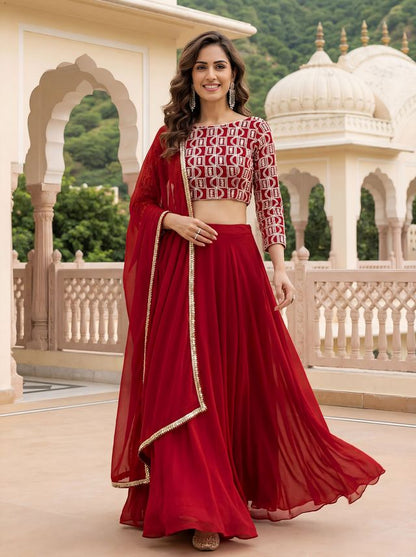 Red Color Georgette Fabric Designer Embroidered Lehenga Choli For Ceremonial Looks