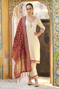 Cream Color Silk Blend Fabric Beautiful Embroidered Kurta Set With Dupatta