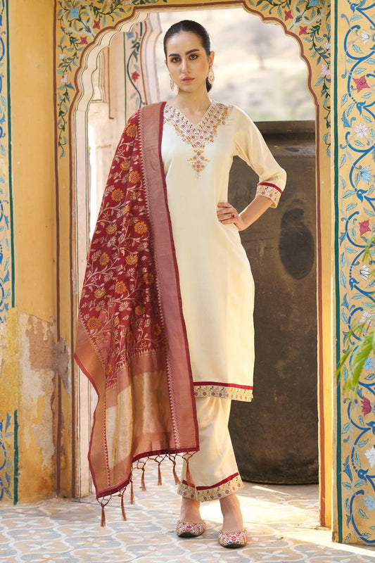 Cream Color Silk Blend Fabric Beautiful Embroidered Kurta Set With Dupatta