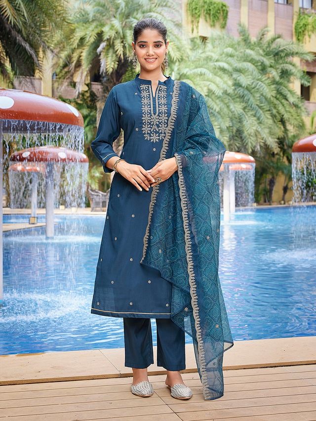 Teal Color Stylish Partywear Readymade Ethnic Suit