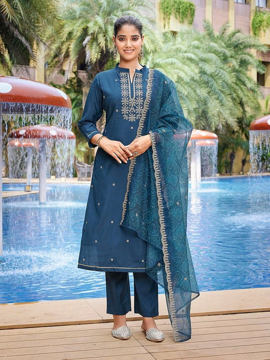 Teal Color Stylish Partywear Readymade Ethnic Suit