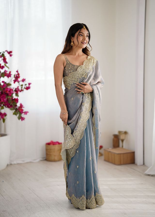 Grey Color Fendy Chiffon Fabric Beautiful Embroidered Saree