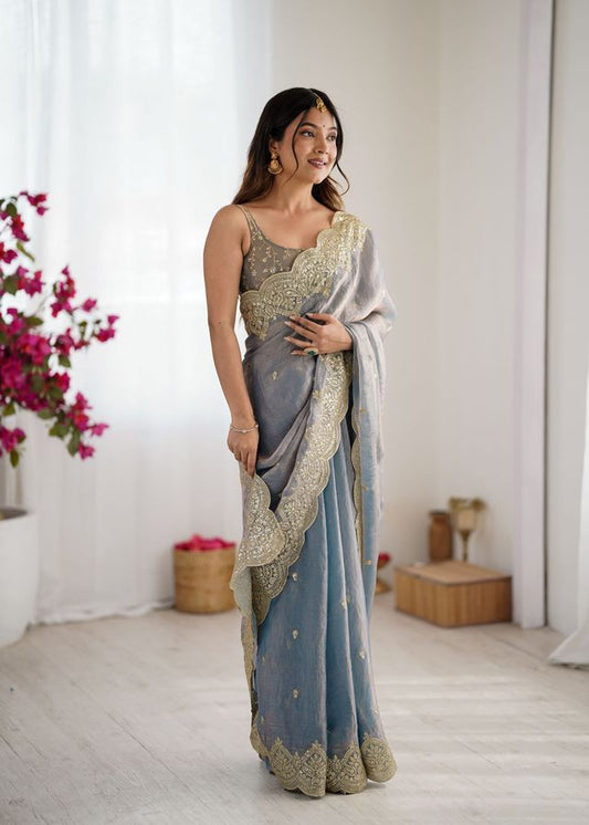 Grey Color Fendy Chiffon Fabric Beautiful Embroidered Saree
