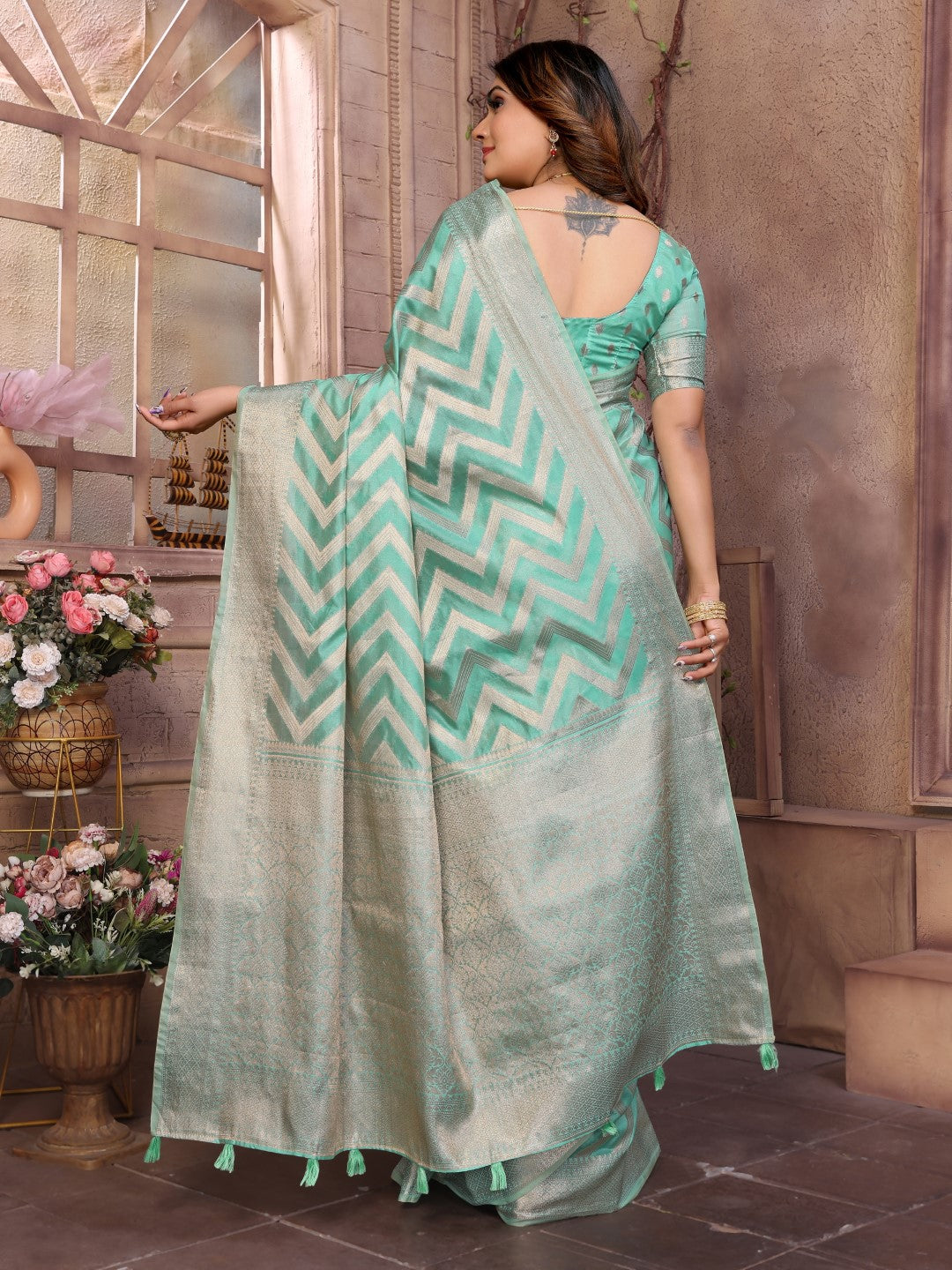 Sea Green Weaving Soft Organza Saree With Blouse