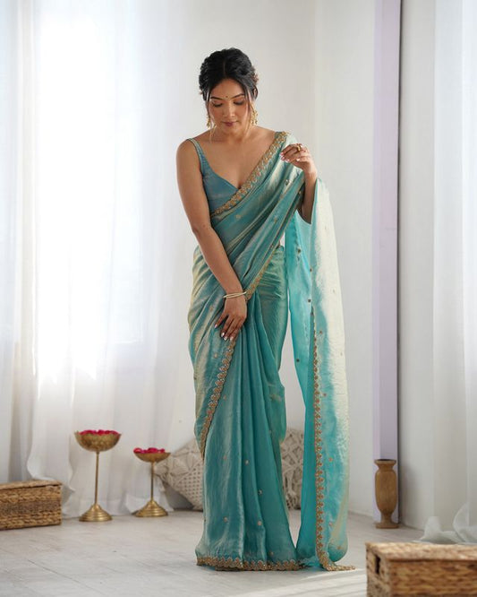 Sky Blue Color Beautiful Fancy Partywear Fendy Satin Saree