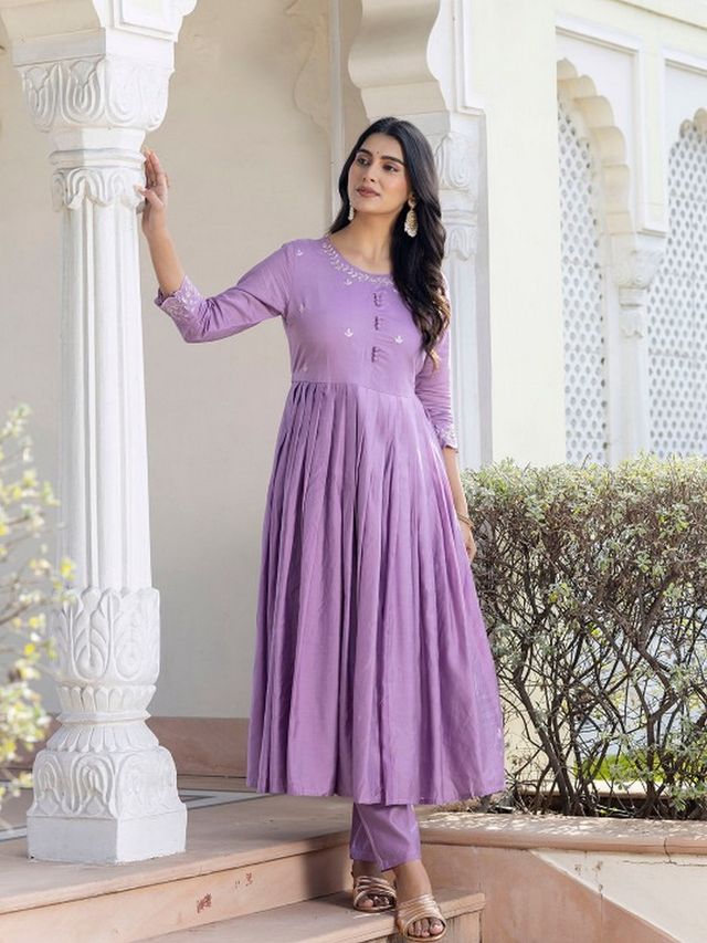 Lavender Color Rayon Fabric Designer Embroidery Work Graceful Partywear Suit