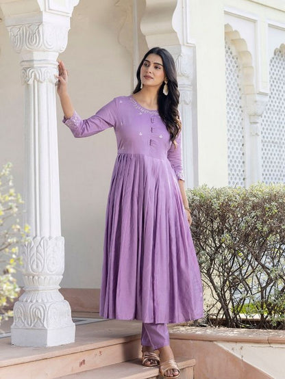 Lavender Color Rayon Fabric Designer Embroidery Work Graceful Partywear Suit