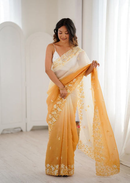 Yellow Color Crunchy Fabric Beautiful Sequins Work Bollywood Style Ceremonial Saree