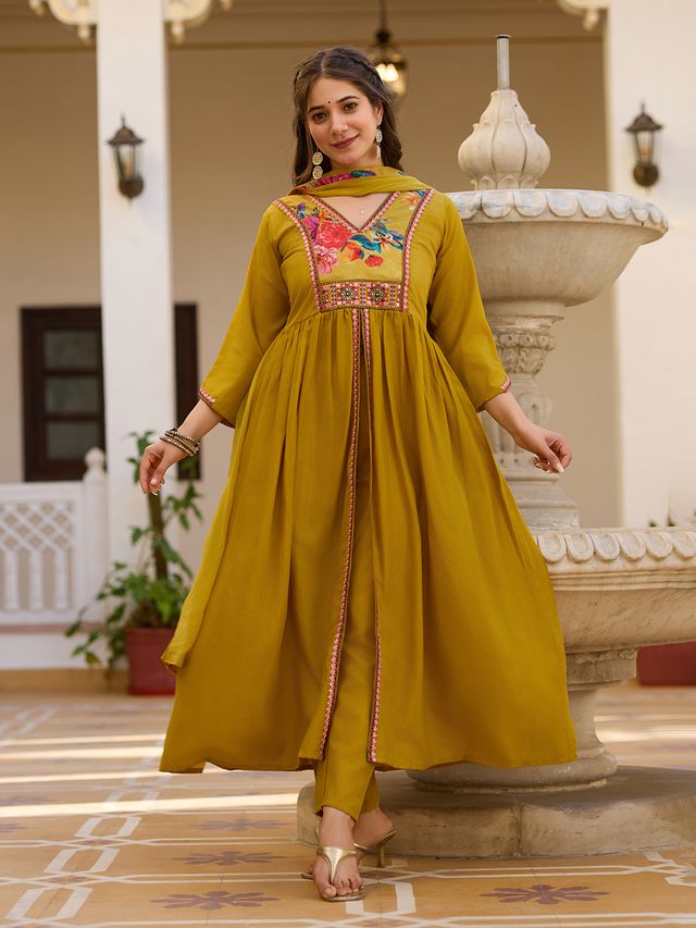 Mustard Color Silk Fabric Ceremonial Readymade Kurta Set with Dupatta