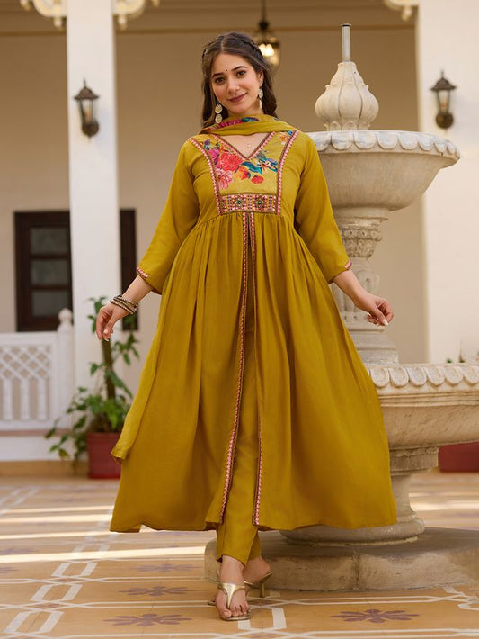 Mustard Color Silk Fabric Ceremonial Readymade Kurta Set with Dupatta