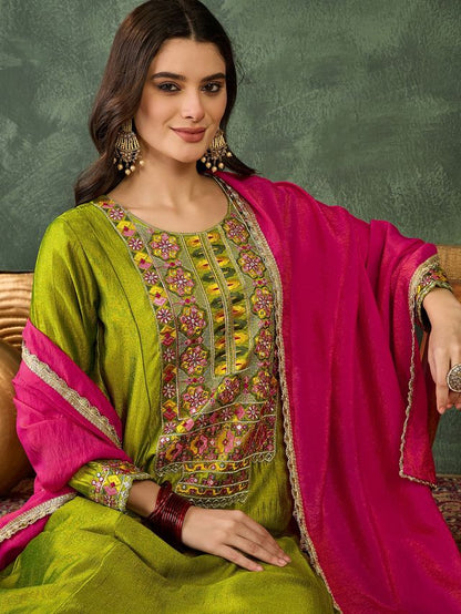 Green Color Vichitra Silk Fabric Designer Embroidery Work Graceful Partywear Suit