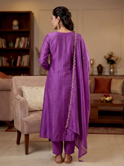 Purple Color Beautiful Vichitra Silk Fabric Designer Ceremonial Readymade Suit