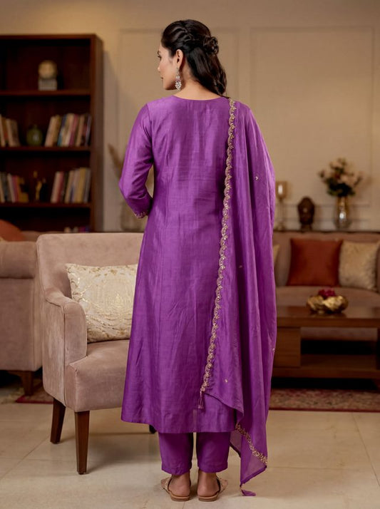 Purple Color Beautiful Vichitra Silk Fabric Designer Ceremonial Readymade Suit