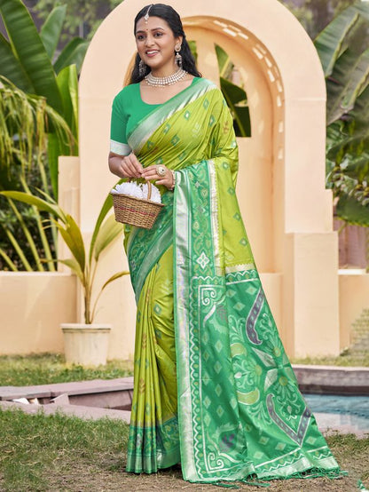 Light Green Color Pochampalli Silk Fabric Ethnic Woven Designer Partywear Saree