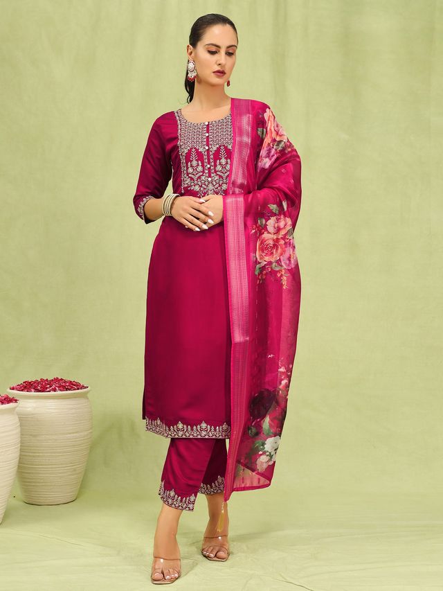 Pink Color Viscose Roman Silk Fabric Designer Embroidered Suit