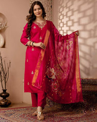 Red Color Ethnic Silk Blend Fabric Readymade Kurta Set With Dupatta