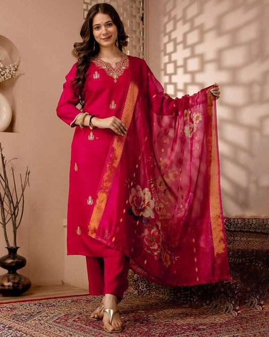 Red Color Ethnic Silk Blend Fabric Readymade Kurta Set With Dupatta