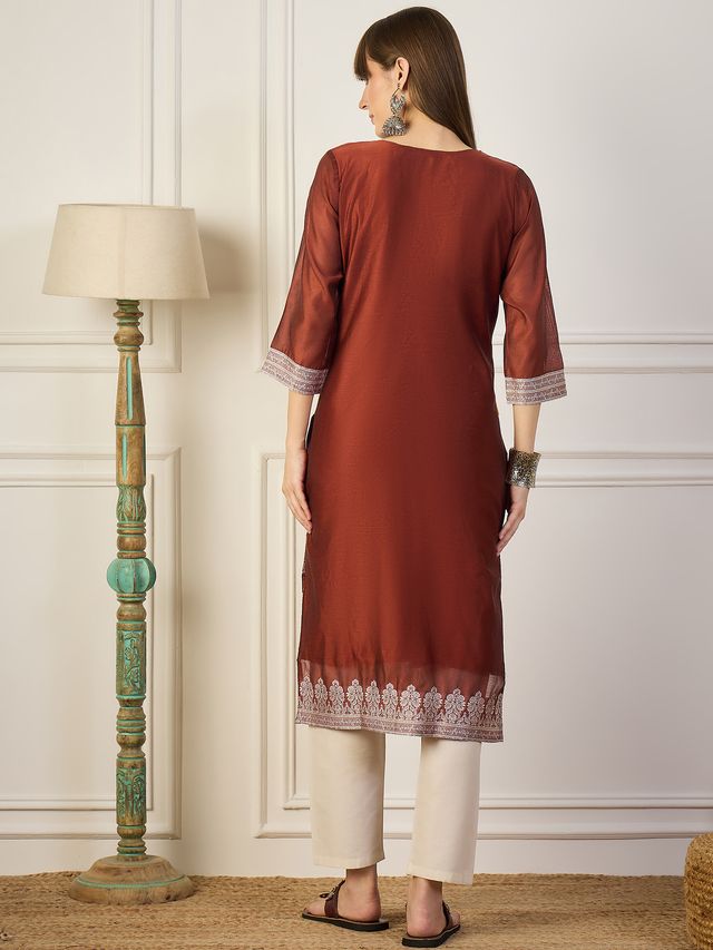 Orange Color Cotton Silk Fabric Woven Designer Ethnic Formal Kurta