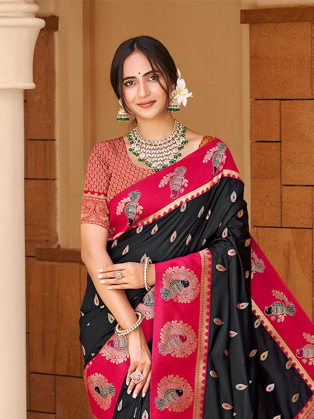 Black Color Ethnic Woven Designer Partywear Saree