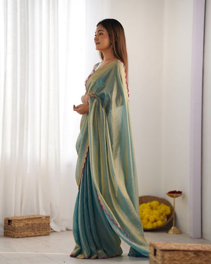 Sky Blue Color Beautiful Bollywood Style Ceremonial Saree With Beeds Work Blouse
