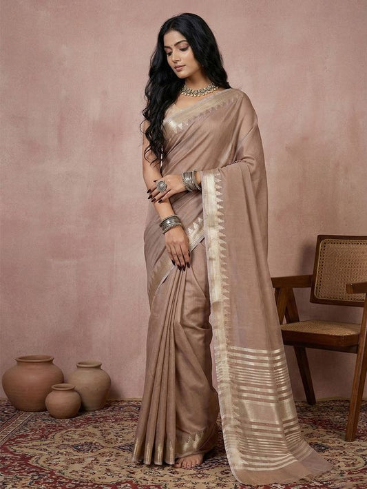 Beige Color Blended Cotton Woven Designer Ceremonial Sober Looks Saree
