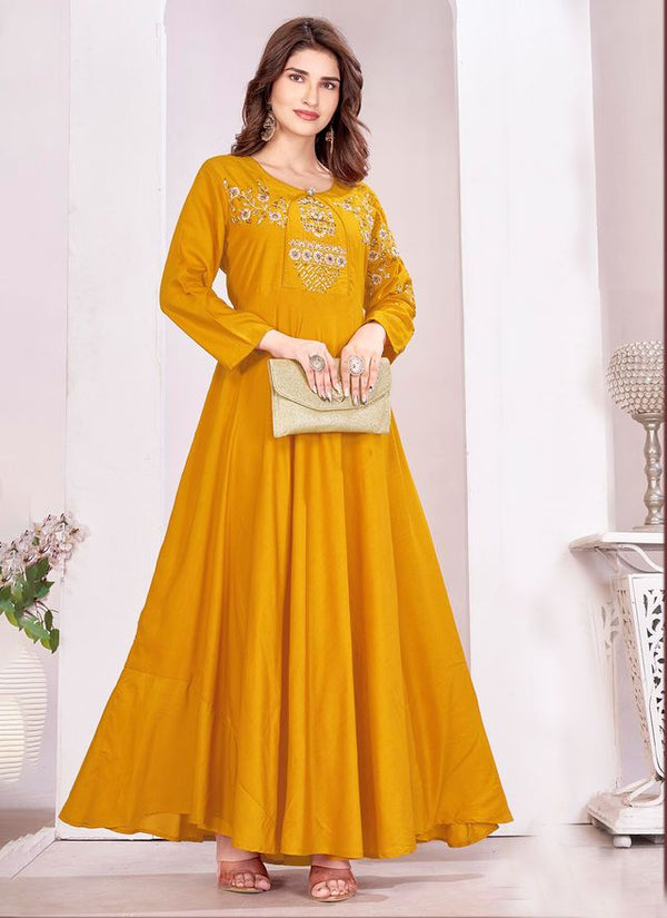 Yellow Color Beautiful Embroidered Ceremonial Gown For Classy Looks