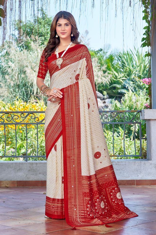 White Color Velvet Tussar Silk Fabric Tradtional Woven Saree With Bandhej Print