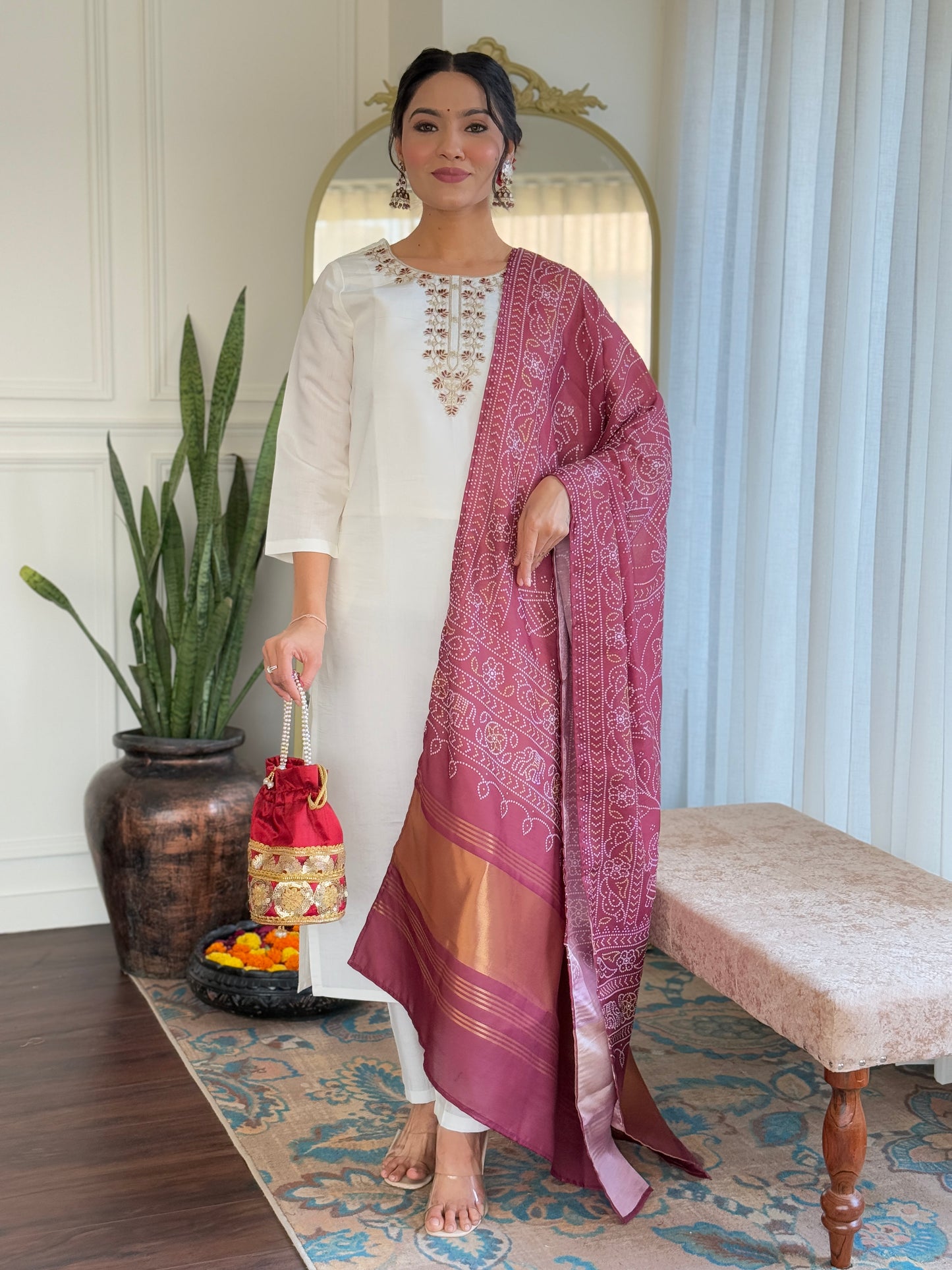 Women's Roman Silk Embroidered Straight Kurta, Pant and Dupatta Set