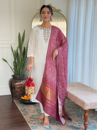 Women's Roman Silk Embroidered Straight Kurta, Pant and Dupatta Set