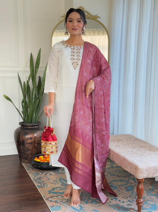 Women's Roman Silk Embroidered Straight Kurta, Pant and Dupatta Set