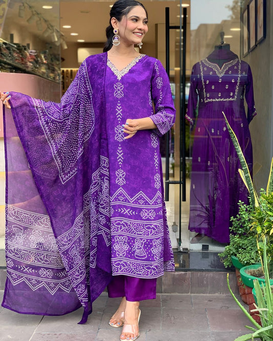 Silk Blend Printed Fabric work Straight cut Kurta, Pant and Dupatta Set