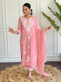 Chikankari Work with Pure Cotton Fabric Straight Kurta, Pant and Dupatta Set