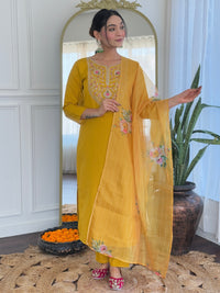 Mustard Embroidered Rayon Fabric Straight Kurta, Pant and Dupatta Set
