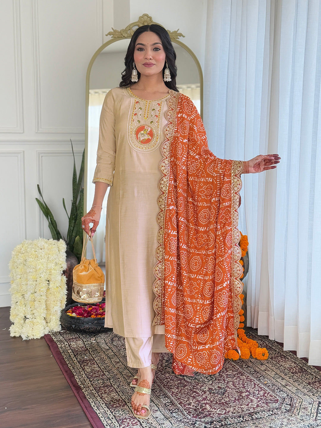 Women's Chiku Embroidered Viscose Fabric Straight Kurta, Pant and Dupatta Set