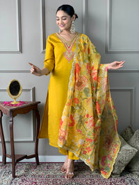 Women's Mustard Chanderi Embroidered Straight Kurta, Pant and Dupatta Set