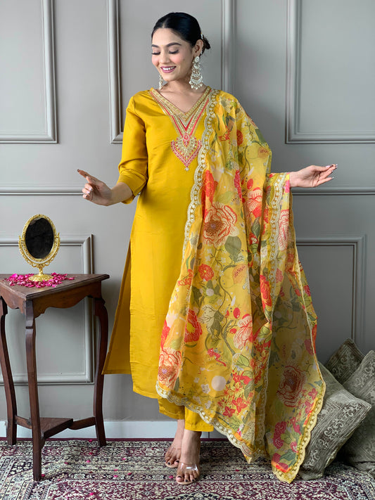 Women's Mustard Chanderi Embroidered Straight Kurta, Pant and Dupatta Set