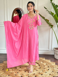 Pink Thread Work Viscose Fabric Straight Kurta, Pant and Dupatta Set